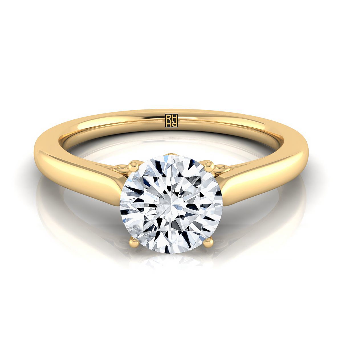 18K Yellow Gold Round Brilliant Scroll Gallery Comfort Fit Solitaire Engagement Ring