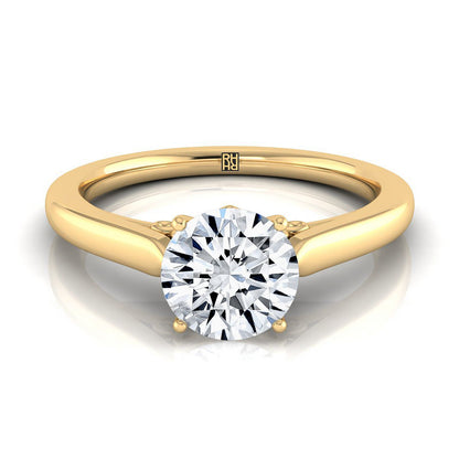 14K Yellow Gold Round Brilliant Scroll Gallery Comfort Fit Solitaire Engagement Ring