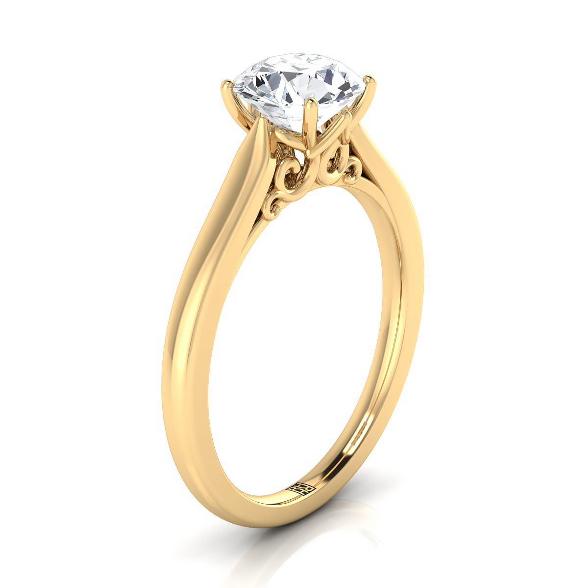 18K Yellow Gold Round Brilliant Scroll Gallery Comfort Fit Solitaire Engagement Ring