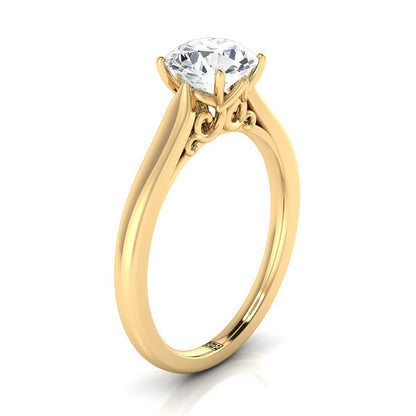 14K Yellow Gold Round Brilliant Scroll Gallery Comfort Fit Solitaire Engagement Ring