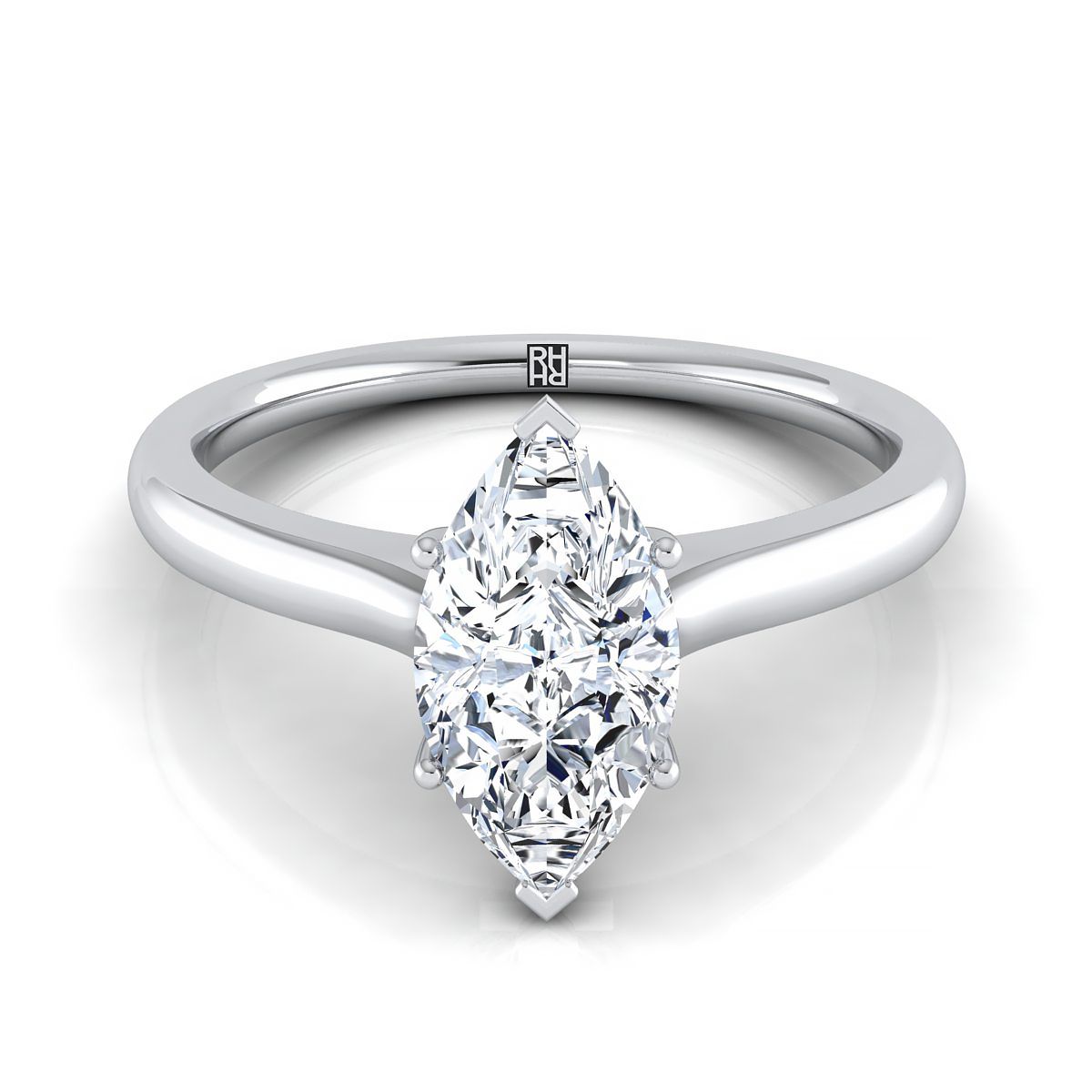 18K White Gold Marquise  Cathedral Solitaire Surprise Secret Stone Engagement Ring