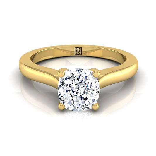 18K Yellow Gold Cushion Comfort Fit Cathedral Solitaire Diamond Engagement Ring