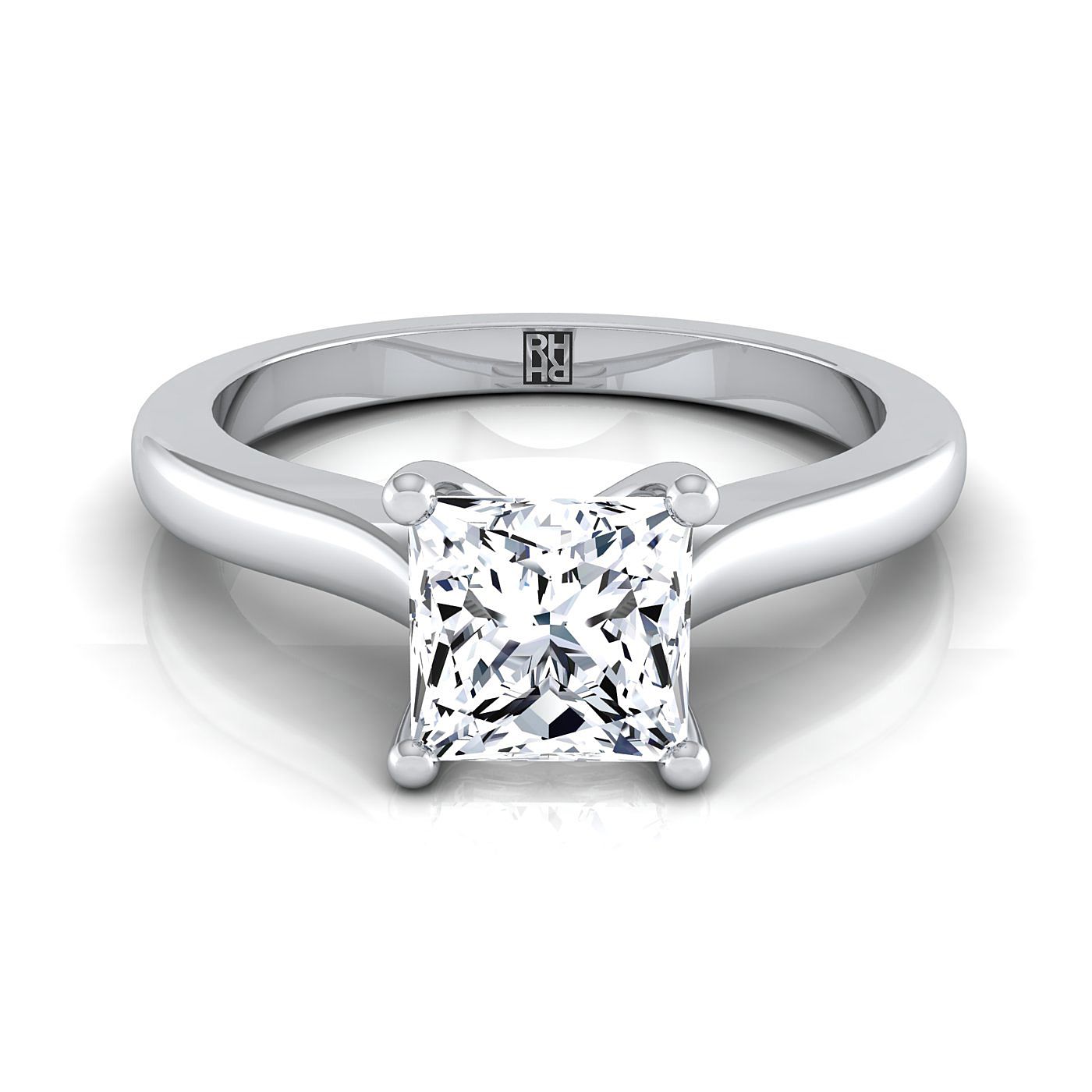 18K White Gold Princess Cut Comfort Fit Cathedral Solitaire Diamond Engagement Ring