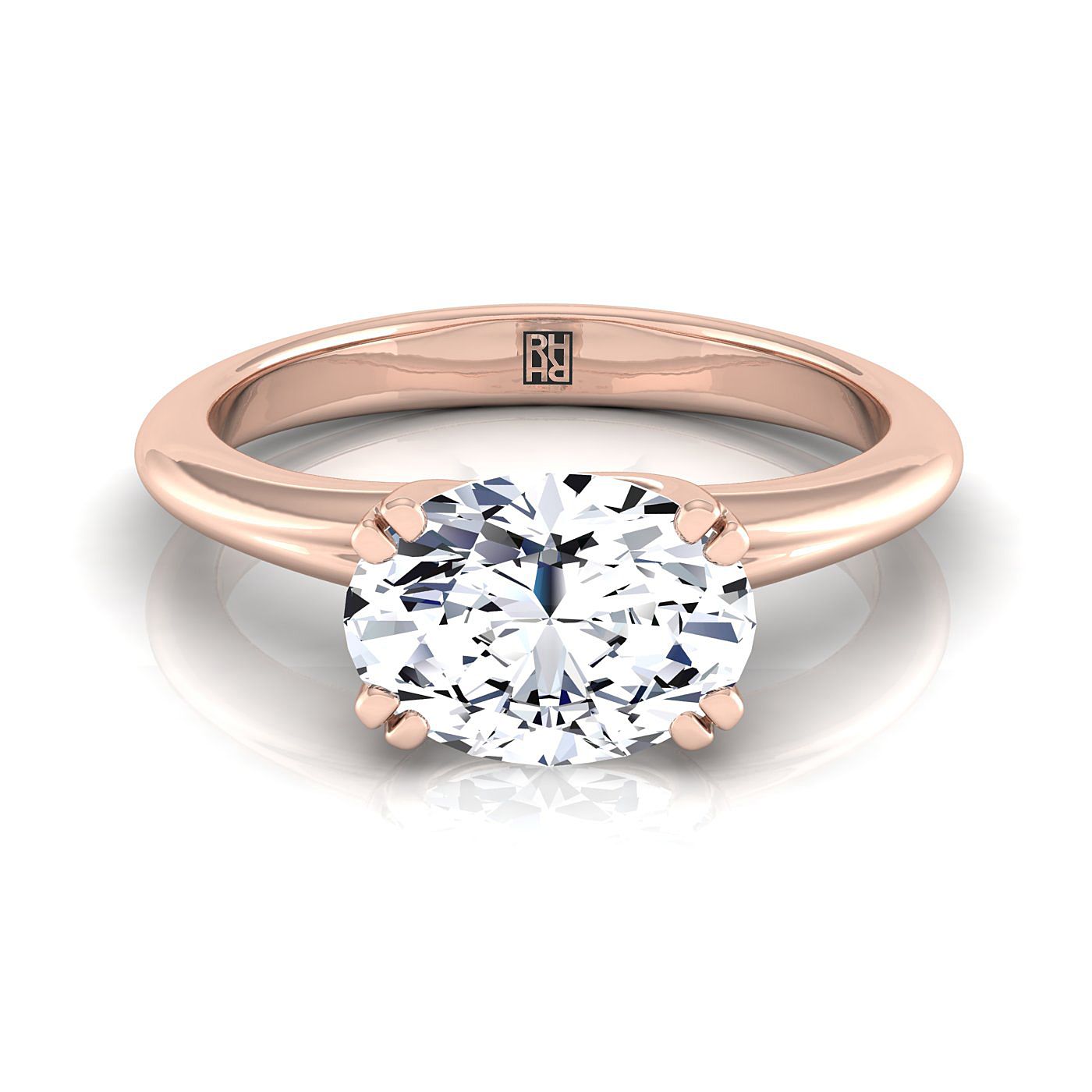 14K Rose Gold Oval East West Eight Claw Comfort Fit Solitaire Engagement Ring