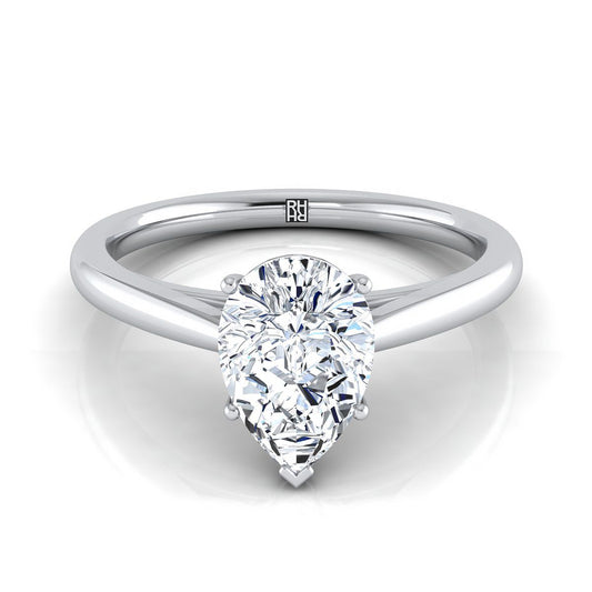 14K White Gold Pear Shape Center Rounded Comfort Fit Secret Stone Solitaire Engagement Ring