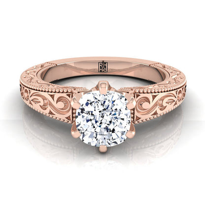 14K Rose Gold Cushion Hand Engraved Scroll Vintage Solitaire Engagement Ring