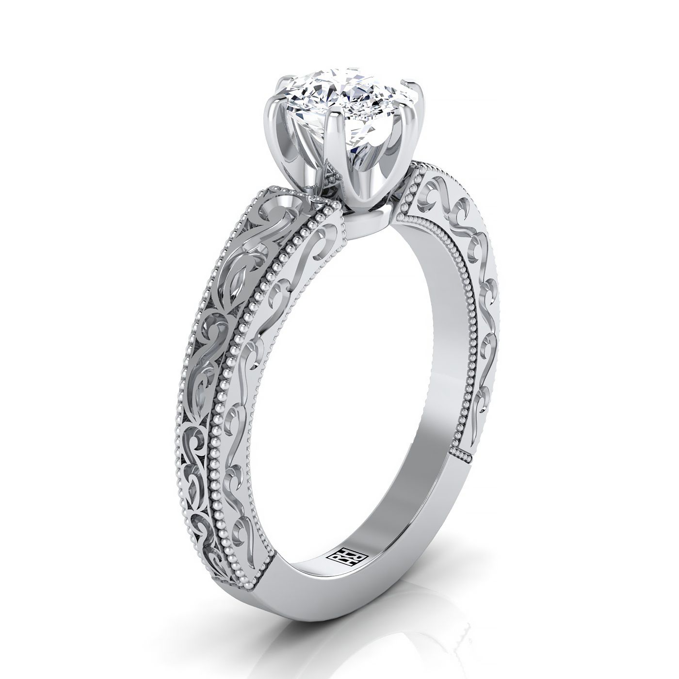 14K White Gold Cushion Hand Engraved Scroll Vintage Solitaire Engagement Ring