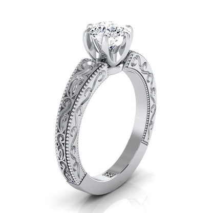 18K White Gold Cushion Hand Engraved Scroll Vintage Solitaire Engagement Ring