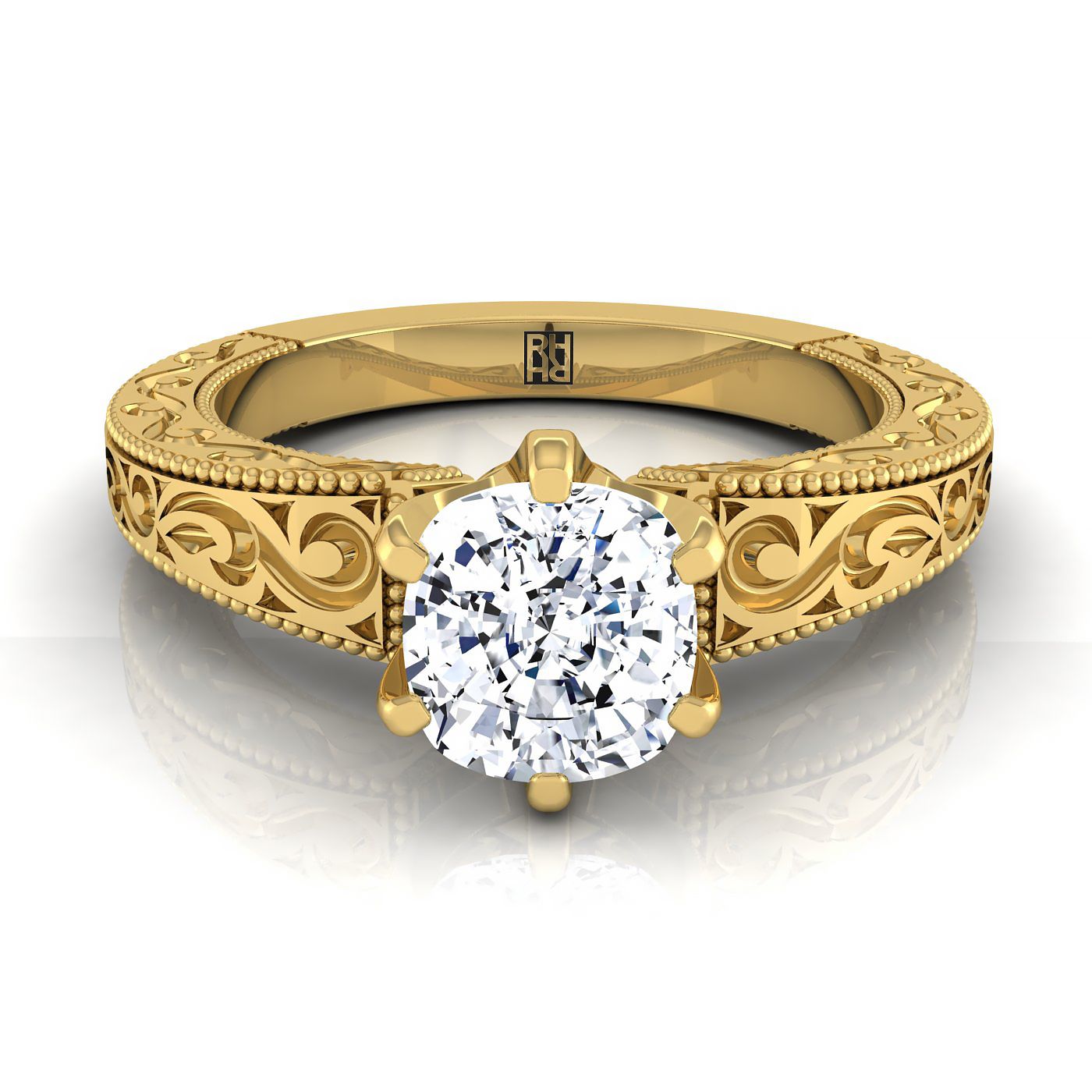 18K Yellow Gold Cushion Hand Engraved Scroll Vintage Solitaire Engagement Ring