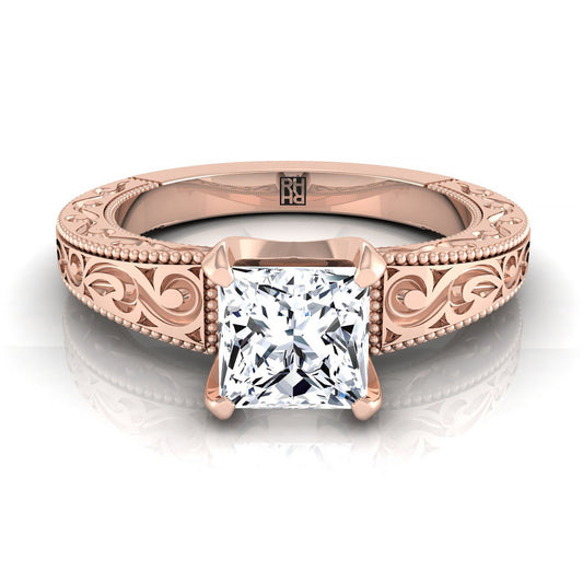 14K Rose Gold Princess Cut Hand Engraved Scroll Vintage Solitaire Engagement Ring