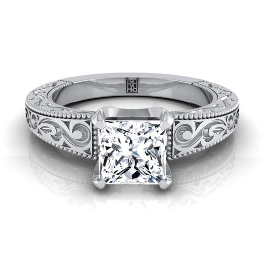 Platinum Princess Cut Hand Engraved Scroll Vintage Solitaire Engagement Ring
