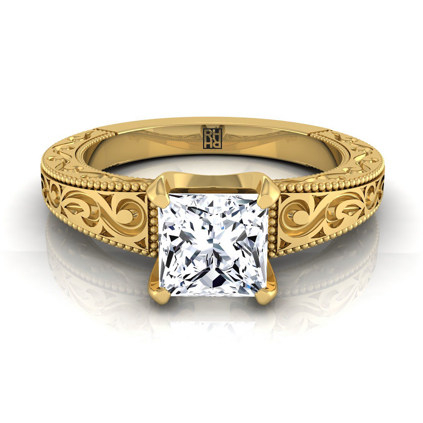 18K Yellow Gold Princess Cut Hand Engraved Scroll Vintage Solitaire Engagement Ring