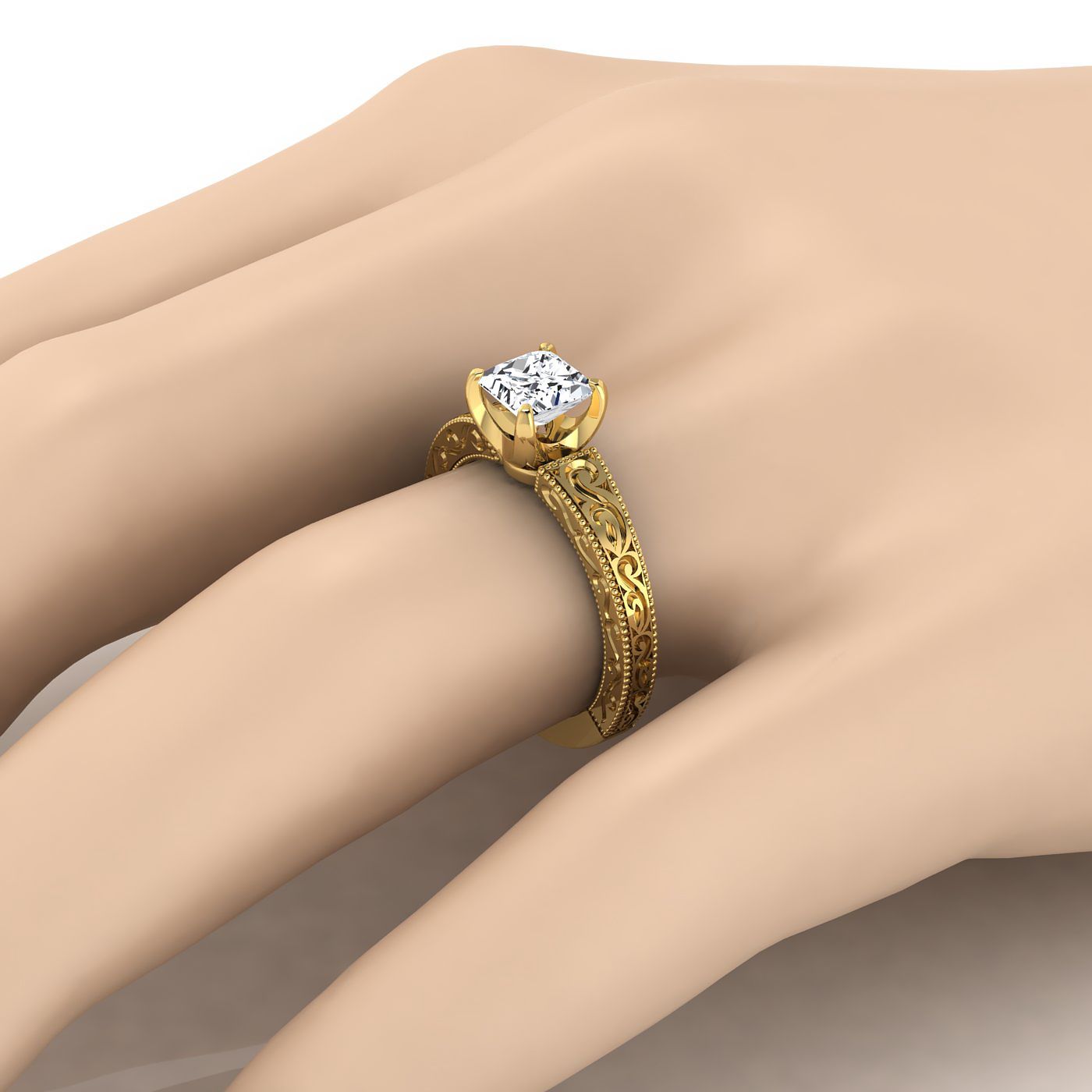 14K Yellow Gold Princess Cut Hand Engraved Scroll Vintage Solitaire Engagement Ring