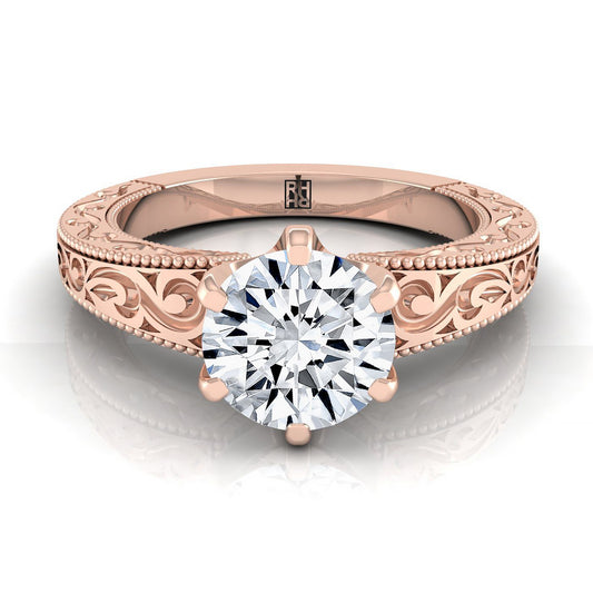 14K Rose Gold Round Brilliant Hand Engraved Scroll Vintage Solitaire Engagement Ring