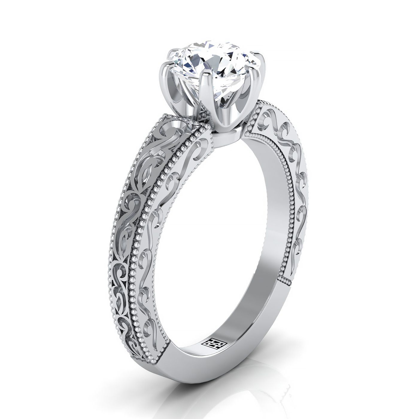 14K White Gold Round Brilliant Hand Engraved Scroll Vintage Solitaire Engagement Ring