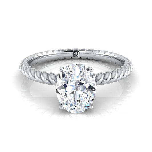 18K White Gold Oval Diamond Twisted Rope Solitaire With Surprise Stone Engagement Ring