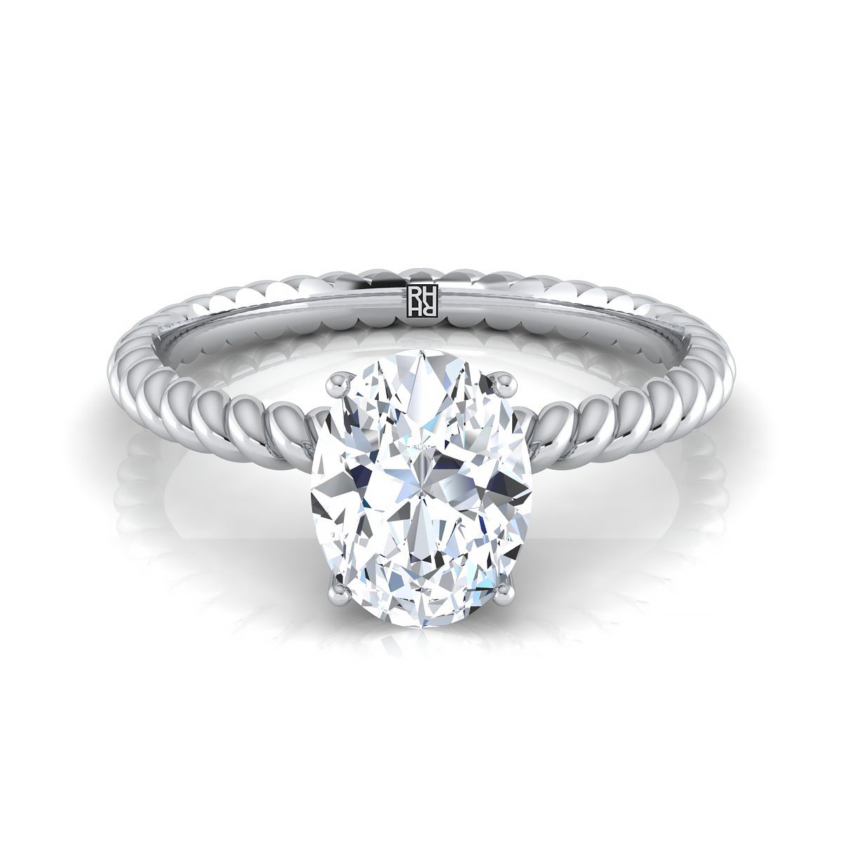 14K White Gold Oval Diamond Twisted Rope Solitaire With Surprise Stone Engagement Ring