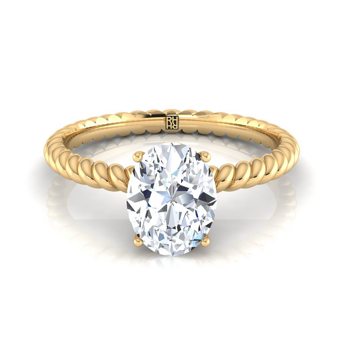 18K Yellow Gold Oval Diamond Twisted Rope Solitaire With Surprise Stone Engagement Ring