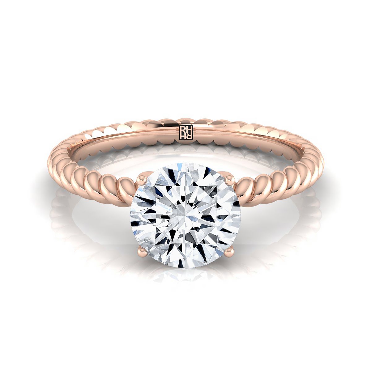 14K Rose Gold Round Brilliant Diamond Twisted Rope Solitaire With Surprise Stone Engagement Ring