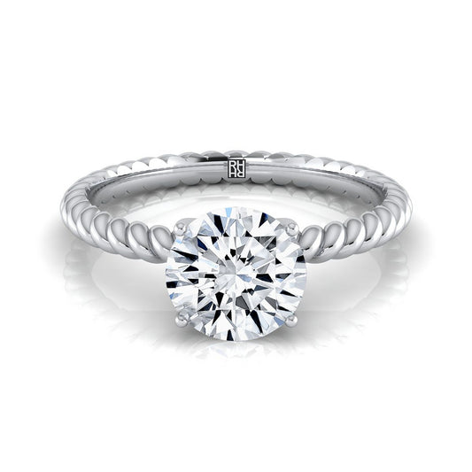 14K White Gold Round Brilliant Diamond Twisted Rope Solitaire With Surprise Stone Engagement Ring