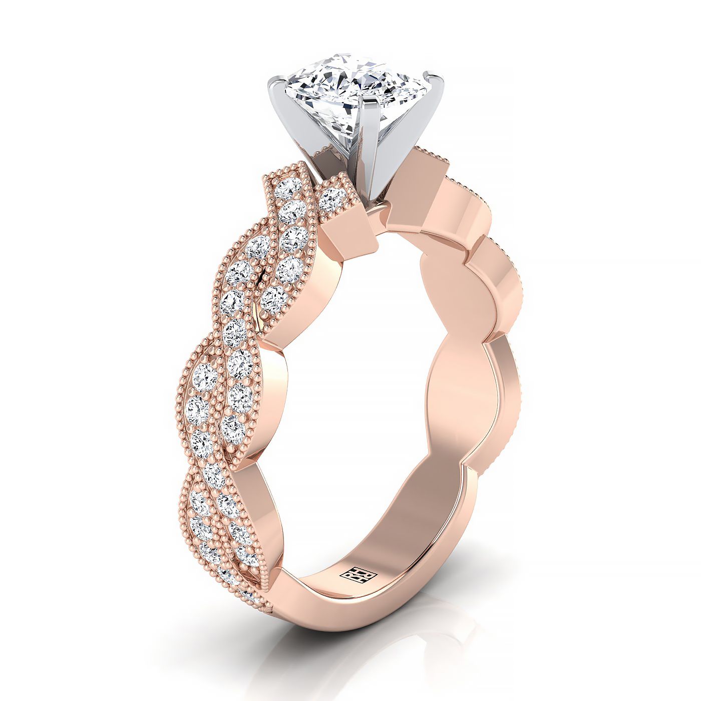 14K Rose Gold Cushion Criss Cross Pave Beaded Diamond Engagement Ring -3/8ctw
