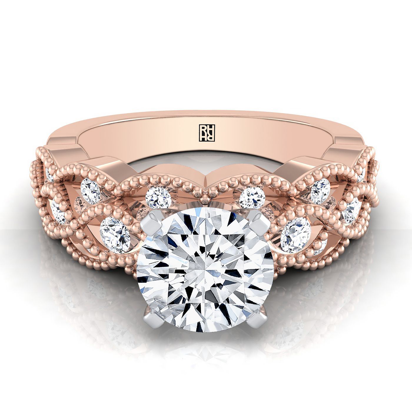 14K Rose Gold Round Brilliant Diamond Open Beaded Scalloped Twist Antique Diamond Engagement Ring -1/3ctw