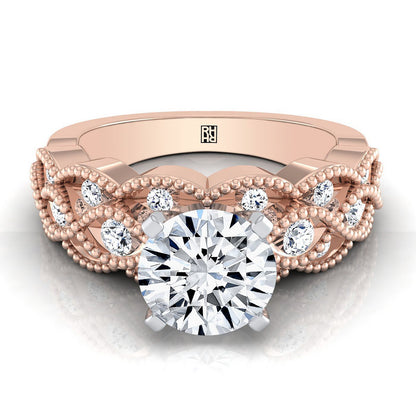 14K Rose Gold Round Brilliant Diamond Open Beaded Scalloped Twist Antique Diamond Engagement Ring -1/3ctw