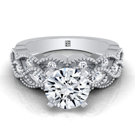14K White Gold Round Brilliant Diamond Open Beaded Scalloped Twist Antique Diamond Engagement Ring -1/3ctw