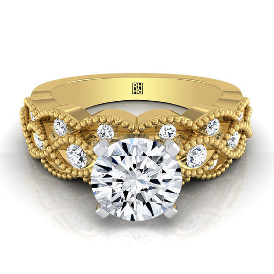 14K Yellow Gold Round Brilliant Diamond Open Beaded Scalloped Twist Antique Diamond Engagement Ring -1/3ctw