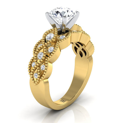 14K Yellow Gold Round Brilliant Diamond Open Beaded Scalloped Twist Antique Diamond Engagement Ring -1/3ctw