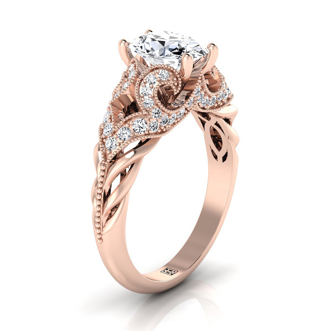 14K Rose Gold Oval Beautiful Open Scroll and Antique Bead Diamond Engagement Ring -1/3ctw