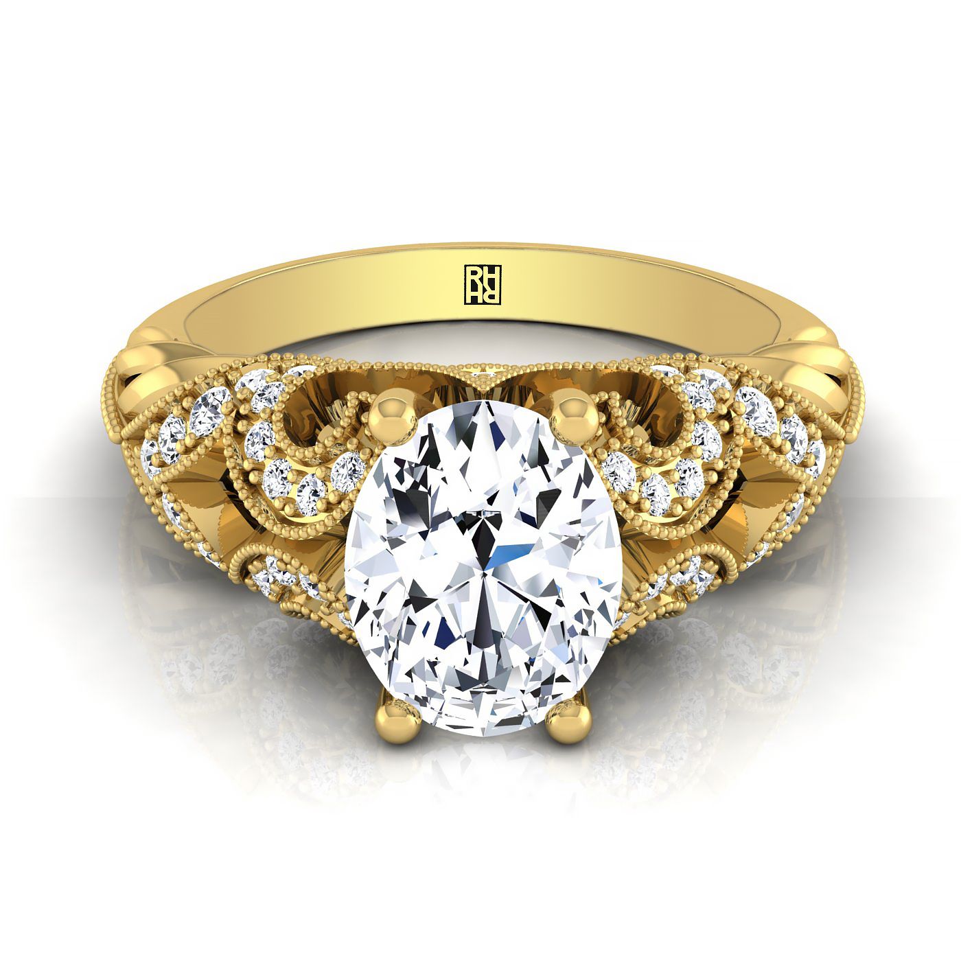 14K Yellow Gold Oval Beautiful Open Scroll and Antique Bead Diamond Engagement Ring -1/3ctw