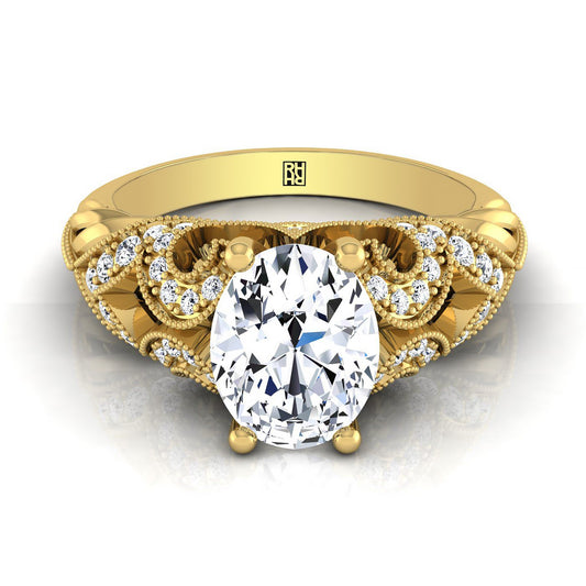 14K Yellow Gold Oval Beautiful Open Scroll and Antique Bead Diamond Engagement Ring -1/3ctw