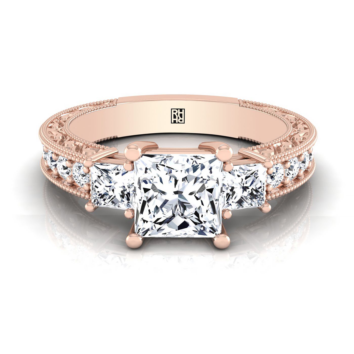 14K Rose Gold Princess Cut Diamond Hand Engraved Three Stone Vintage Channel Engagement Ring -3/4ctw