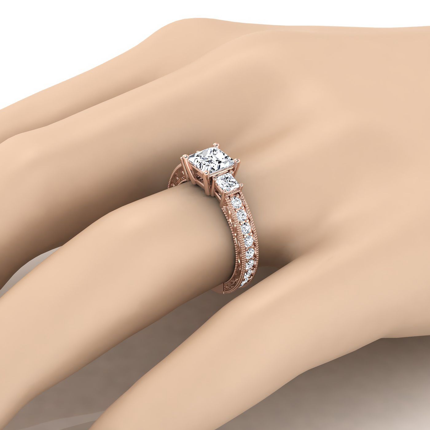 14K Rose Gold Princess Cut Diamond Hand Engraved Three Stone Vintage Channel Engagement Ring -3/4ctw