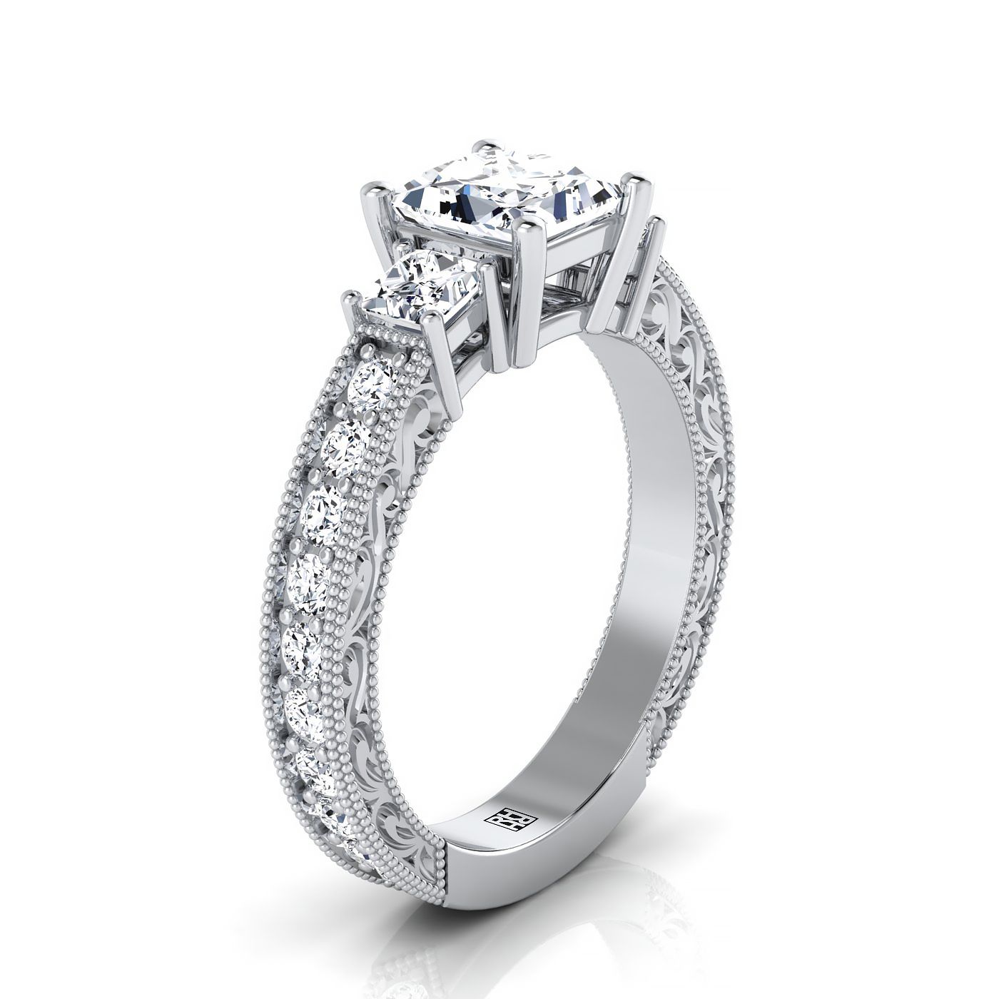 14K White Gold Princess Cut Diamond Hand Engraved Three Stone Vintage Channel Engagement Ring -3/4ctw