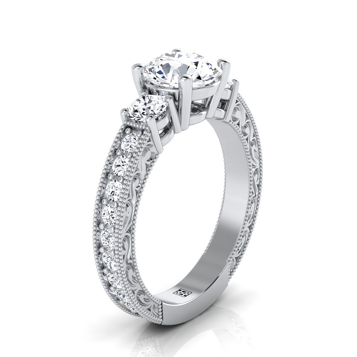 14K White Gold Round Brilliant Diamond Hand Engraved Three Stone Vintage Channel Engagement Ring -3/4ctw