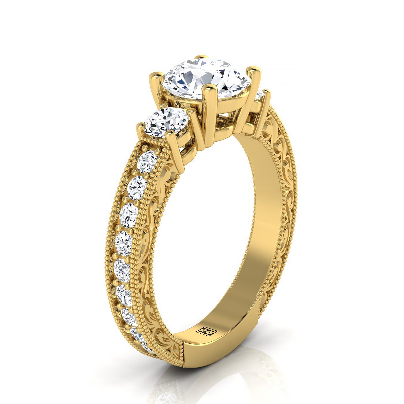 14K Yellow Gold Round Brilliant Diamond Hand Engraved Three Stone Vintage Channel Engagement Ring -3/4ctw