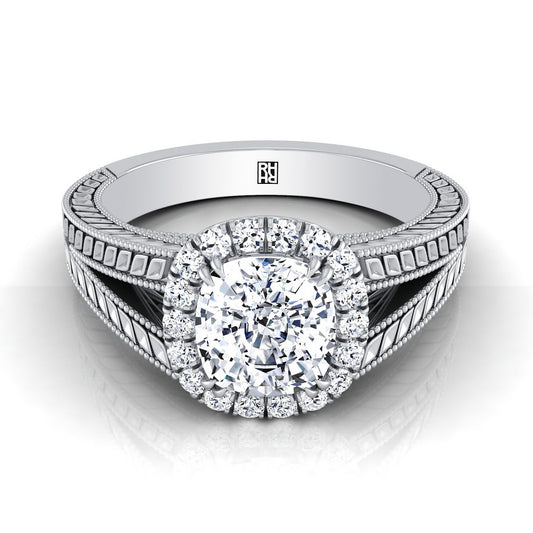 18K White Gold Cushion Vintage Inspired Wheat Split Shank Diamond Halo Engagement Ring