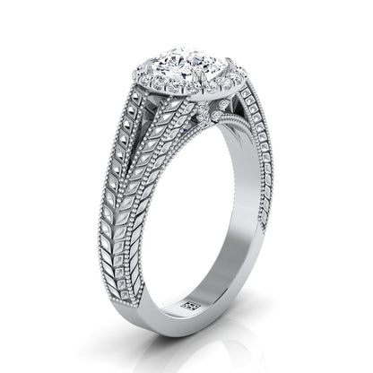 18K White Gold Cushion Vintage Inspired Wheat Split Shank Diamond Halo Engagement Ring