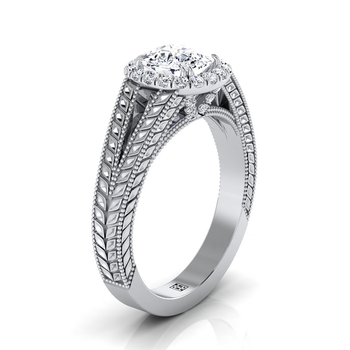 14K White Gold Cushion Vintage Inspired Wheat Split Shank Diamond Halo Engagement Ring