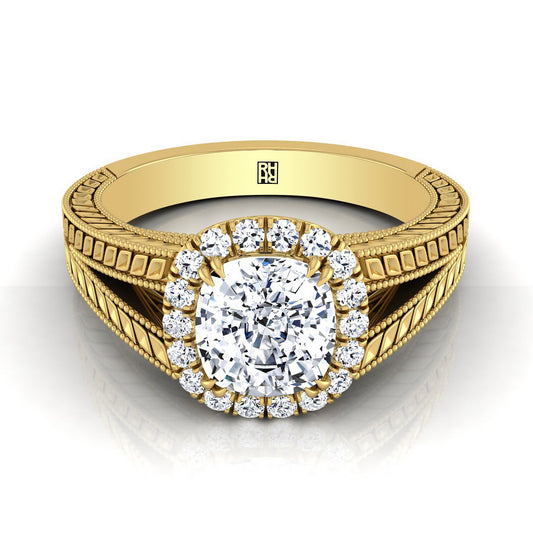 18K Yellow Gold Cushion Vintage Inspired Wheat Split Shank Diamond Halo Engagement Ring
