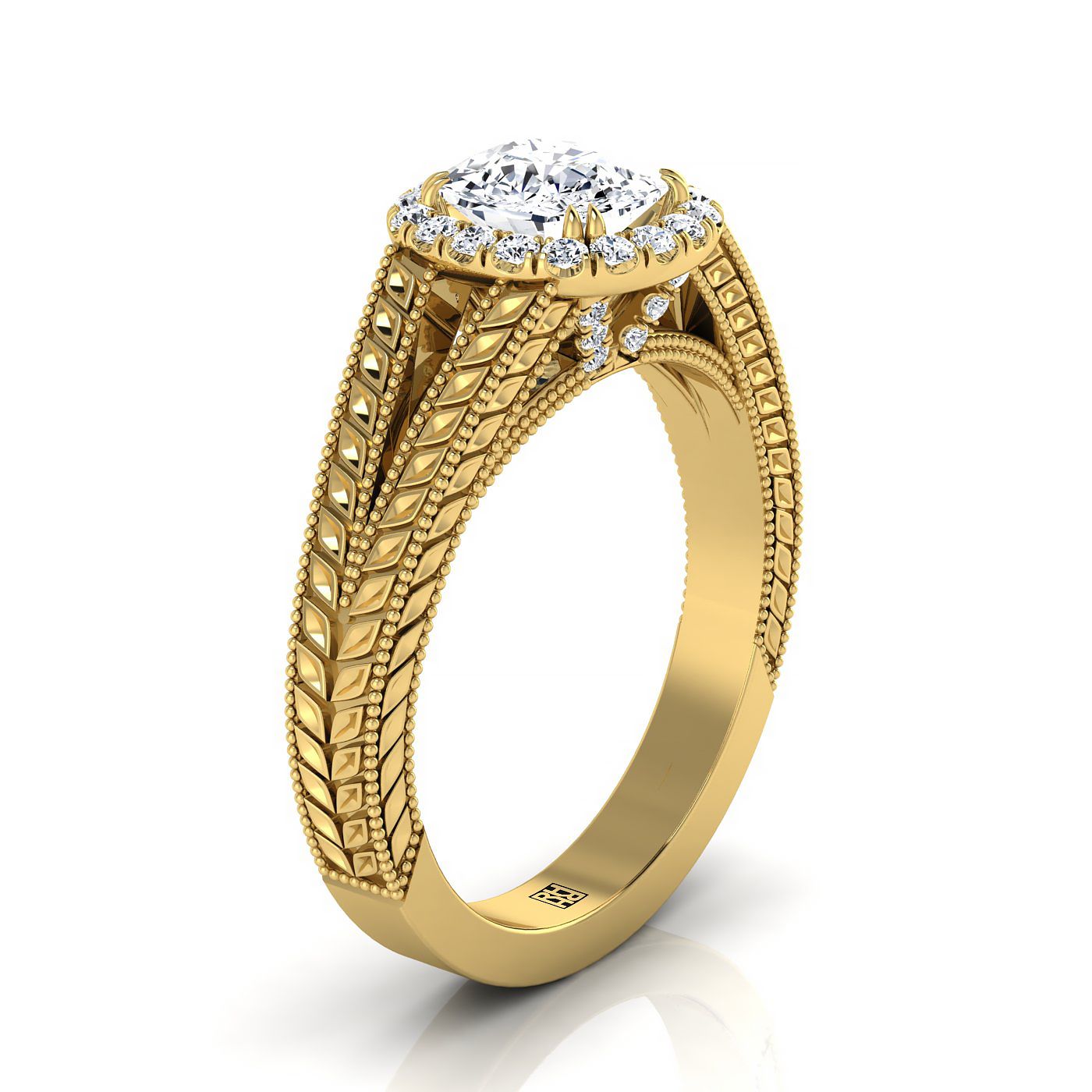 14K Yellow Gold Cushion Vintage Inspired Wheat Split Shank Diamond Halo Engagement Ring