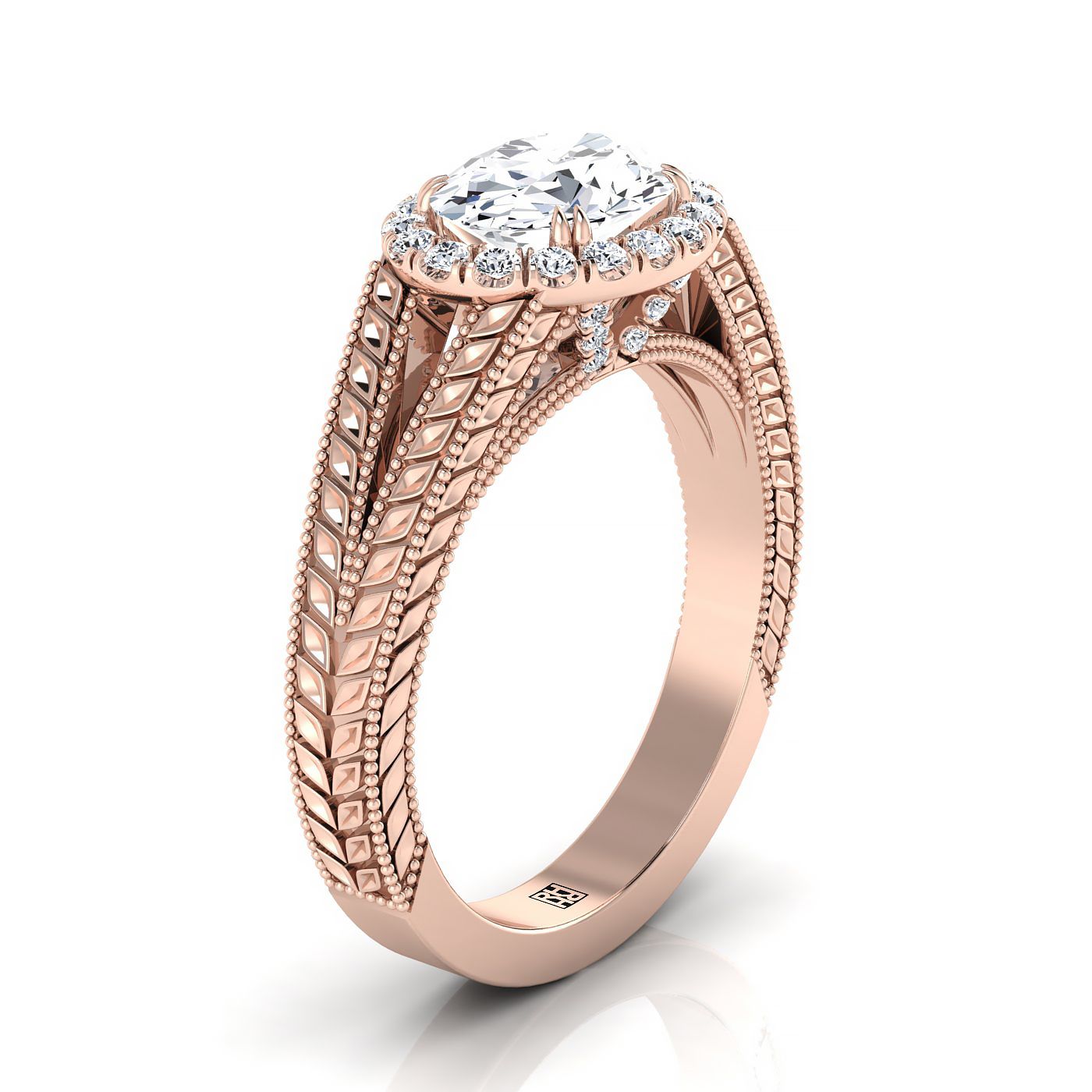 14K Rose Gold Oval Vintage Inspired Wheat Split Shank Diamond Halo Engagement Ring