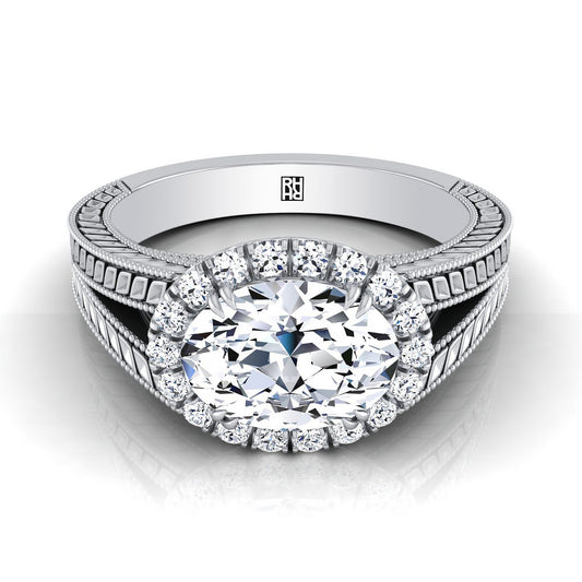 18K White Gold Oval Vintage Inspired Wheat Split Shank Diamond Halo Engagement Ring