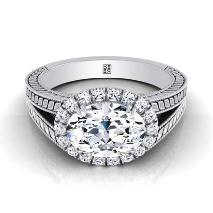 Platinum Oval Vintage Inspired Wheat Split Shank Diamond Halo Engagement Ring