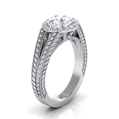 18K White Gold Oval Vintage Inspired Wheat Split Shank Diamond Halo Engagement Ring