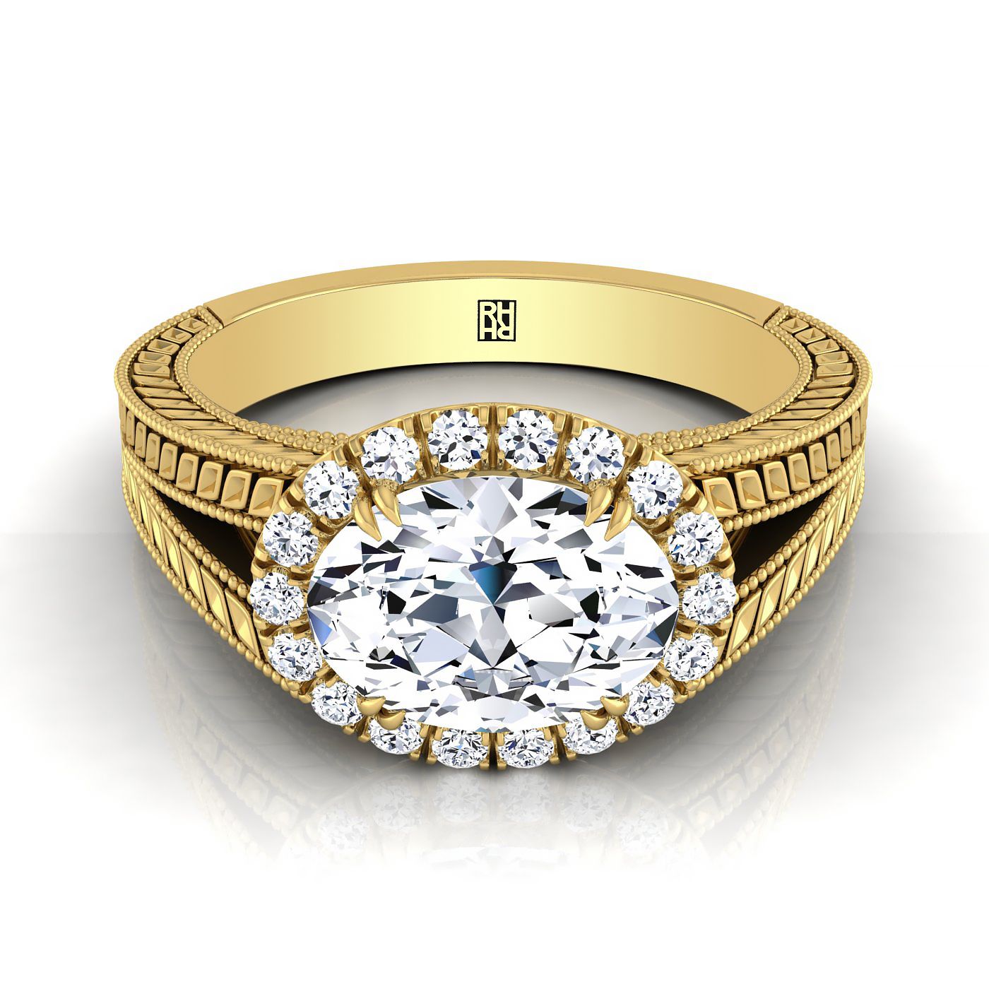 18K Yellow Gold Oval Vintage Inspired Wheat Split Shank Diamond Halo Engagement Ring