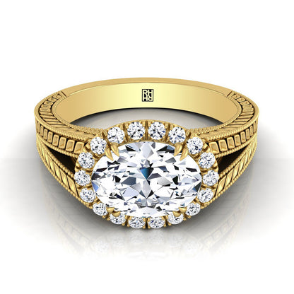 18K Yellow Gold Oval Vintage Inspired Wheat Split Shank Diamond Halo Engagement Ring