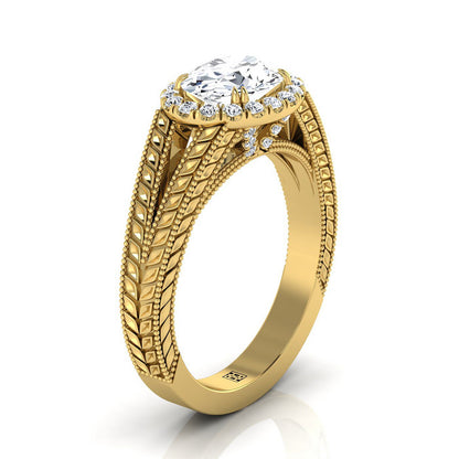 14K Yellow Gold Oval Vintage Inspired Wheat Split Shank Diamond Halo Engagement Ring
